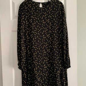 Black Dress with Gold Star Pattern 100% Silk- New without tag.